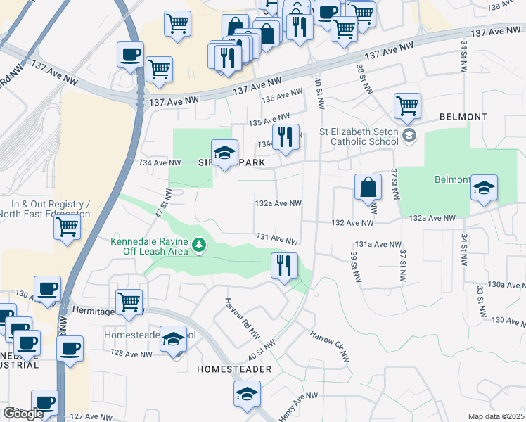 map of restaurants, bars, coffee shops, grocery stores, and more near 4135 132A Avenue Northwest in Edmonton