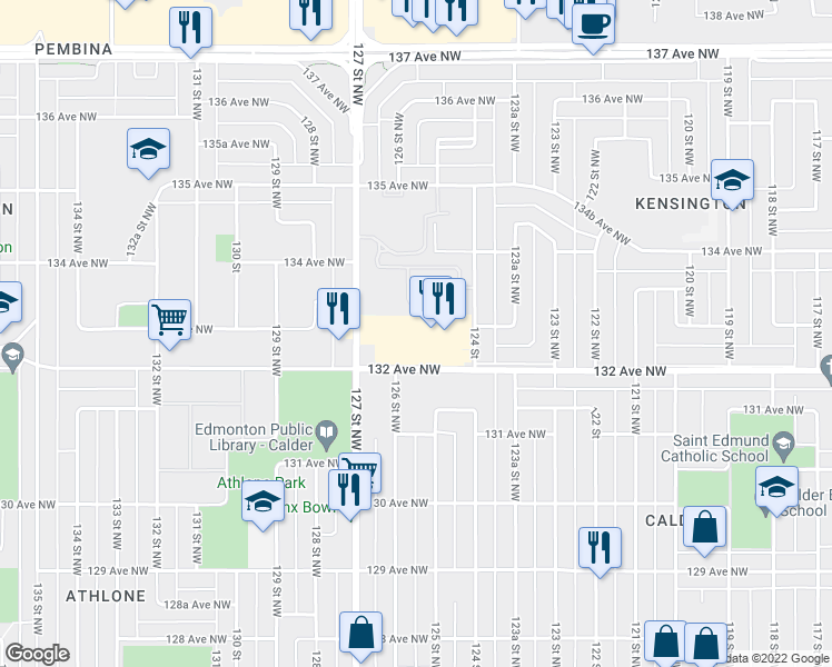map of restaurants, bars, coffee shops, grocery stores, and more near 12544 132 Avenue Northwest in Edmonton