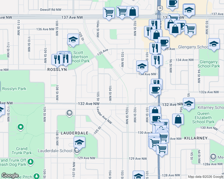 map of restaurants, bars, coffee shops, grocery stores, and more near 13311 104 Street Northwest in Edmonton