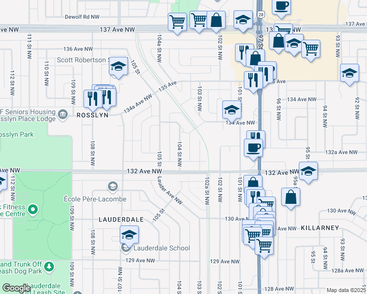 map of restaurants, bars, coffee shops, grocery stores, and more near 13311 104 Street Northwest in Edmonton