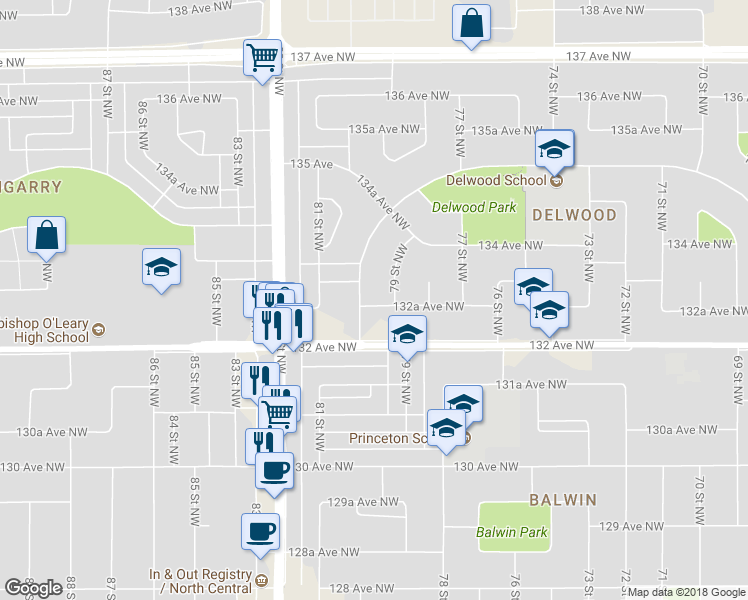 map of restaurants, bars, coffee shops, grocery stores, and more near 13227 Delwood Road Northwest in Edmonton