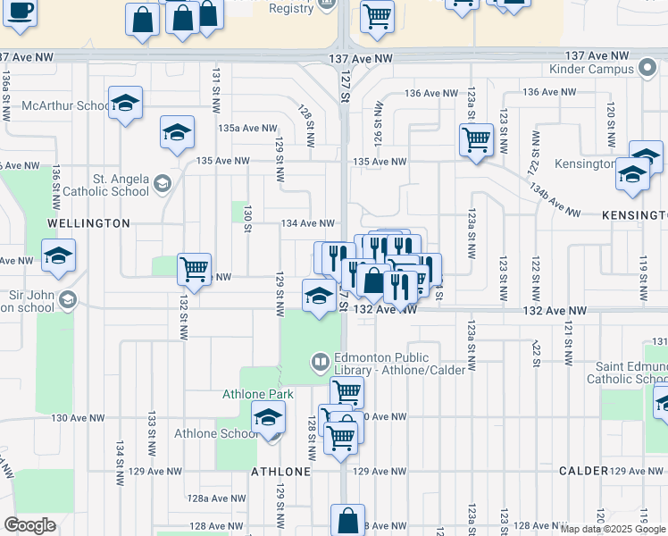 map of restaurants, bars, coffee shops, grocery stores, and more near 13303 127 Street Northwest in Edmonton