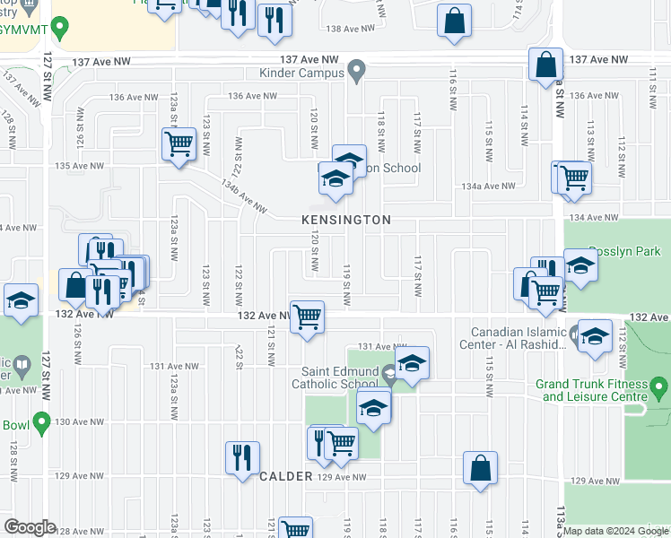 map of restaurants, bars, coffee shops, grocery stores, and more near 13310 119 Street Northwest in Edmonton