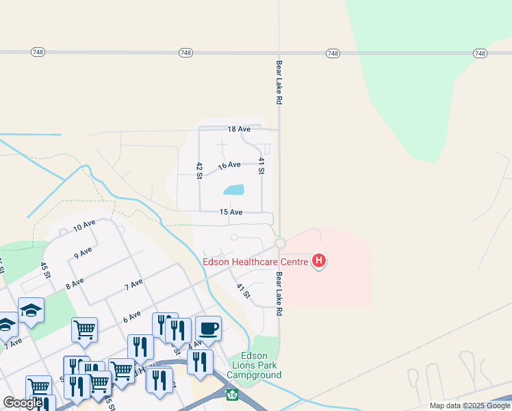 map of restaurants, bars, coffee shops, grocery stores, and more near 4104 15 Avenue in Edson
