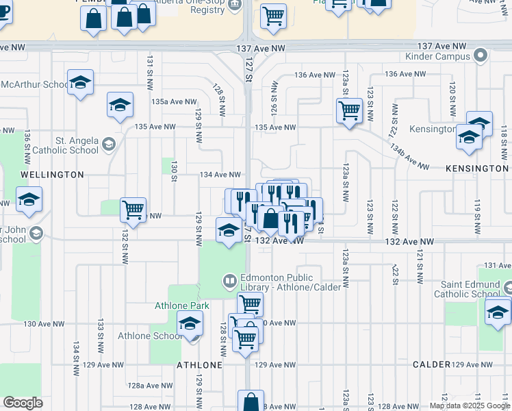 map of restaurants, bars, coffee shops, grocery stores, and more near 13303 127 Street Northwest in Edmonton