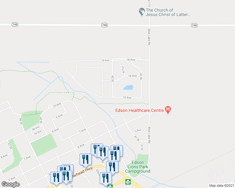 map of restaurants, bars, coffee shops, grocery stores, and more near 4140 15 Avenue in Edson
