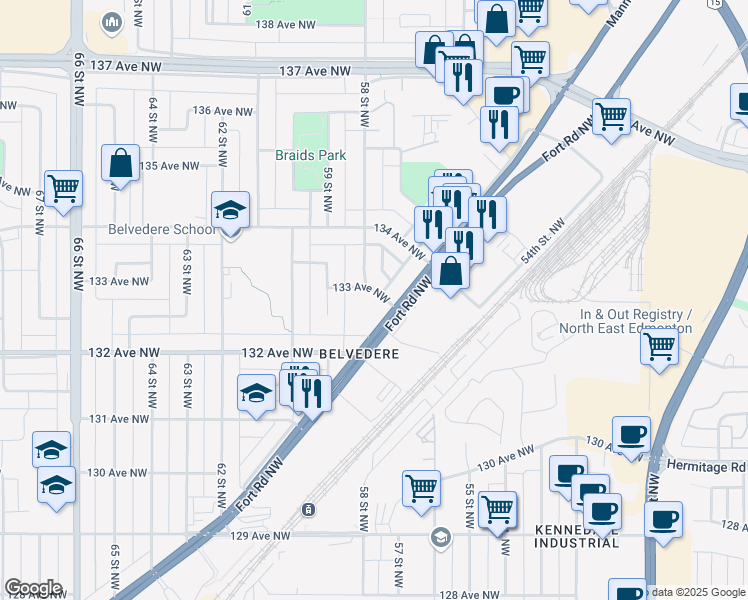 map of restaurants, bars, coffee shops, grocery stores, and more near in Edmonton