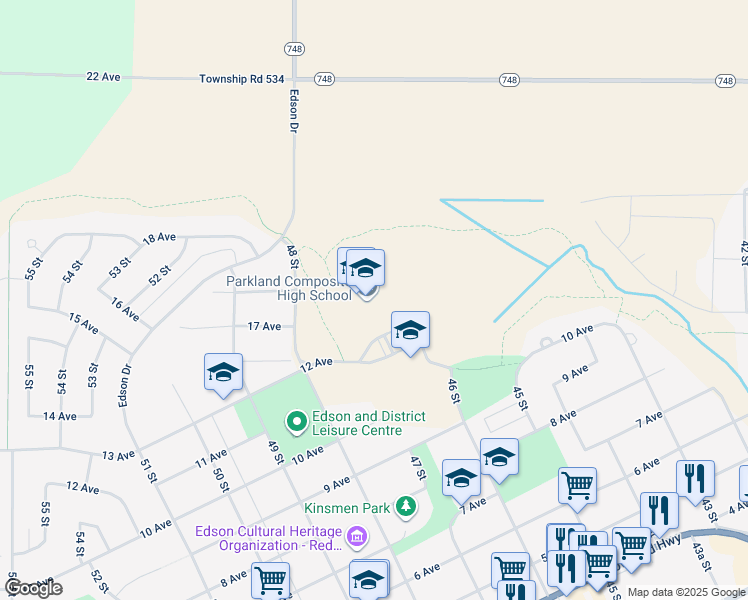 map of restaurants, bars, coffee shops, grocery stores, and more near 4630 12 Avenue in Edson