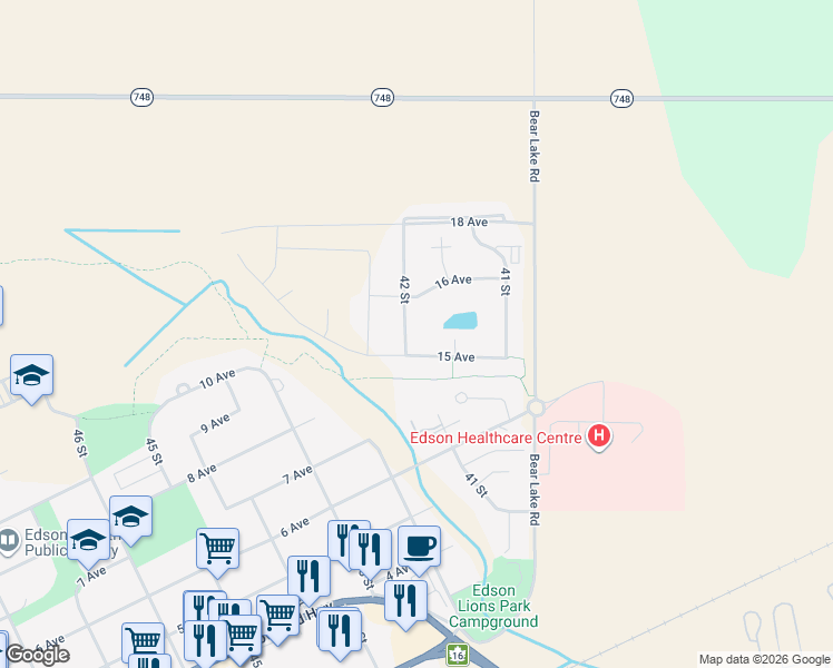map of restaurants, bars, coffee shops, grocery stores, and more near 4140 15 Avenue in Edson