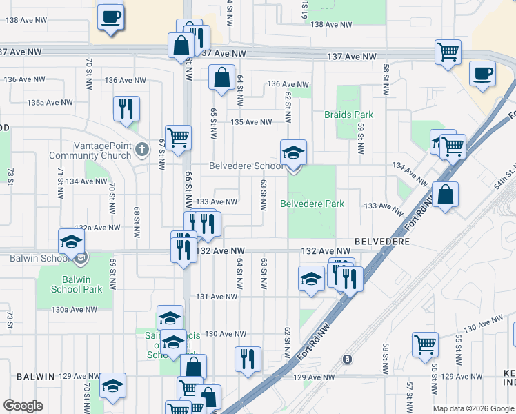 map of restaurants, bars, coffee shops, grocery stores, and more near 6308 132A Avenue Northwest in Edmonton