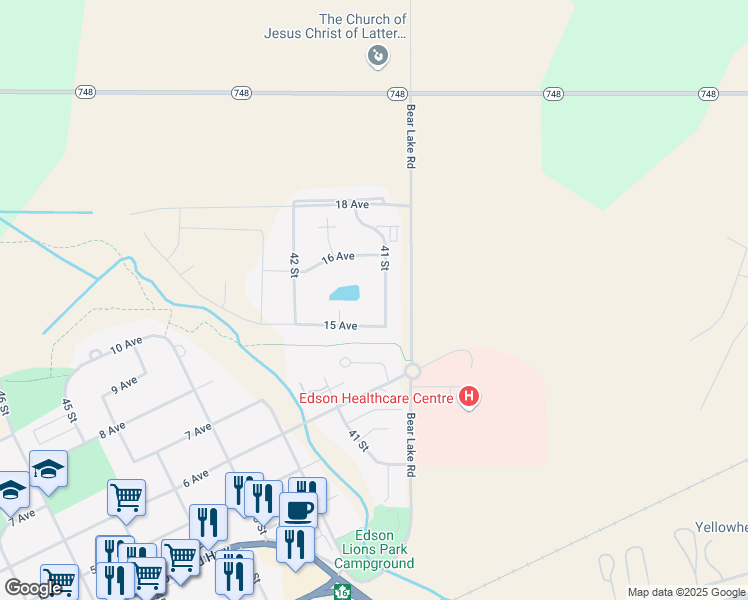 map of restaurants, bars, coffee shops, grocery stores, and more near 4104 15 Avenue in Edson
