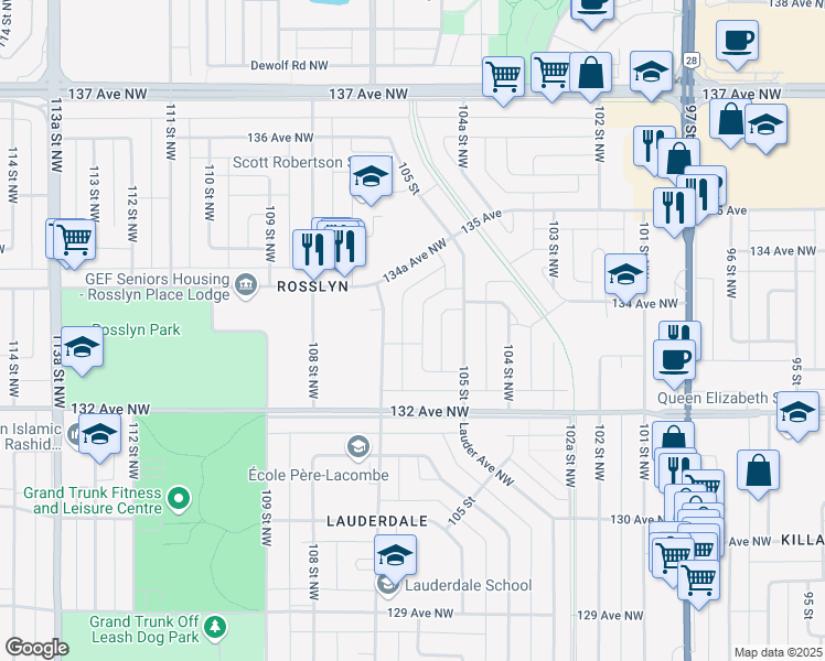 map of restaurants, bars, coffee shops, grocery stores, and more near 13332 106 Street Northwest in Edmonton