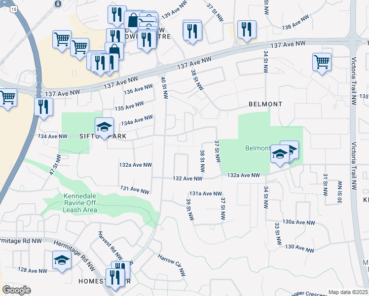 map of restaurants, bars, coffee shops, grocery stores, and more near 3817 134 Avenue Northwest in Edmonton