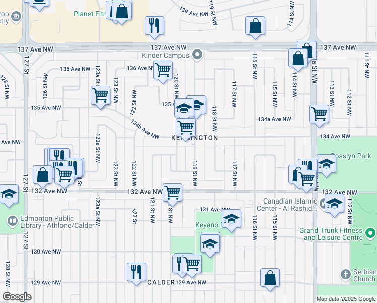 map of restaurants, bars, coffee shops, grocery stores, and more near 13310 119 Street Northwest in Edmonton
