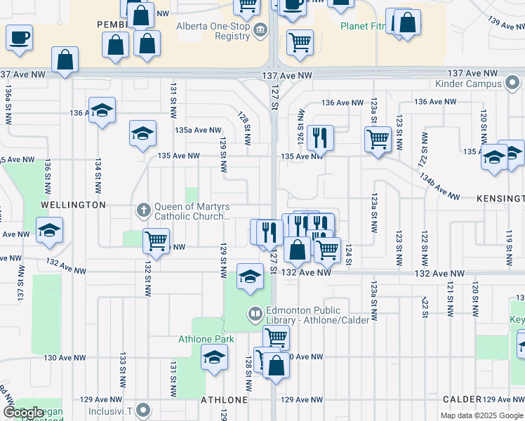 map of restaurants, bars, coffee shops, grocery stores, and more near 13407 128 Street Northwest in Edmonton