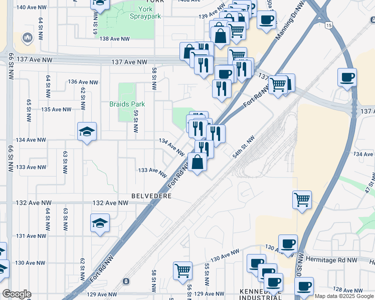 map of restaurants, bars, coffee shops, grocery stores, and more near 5516 134 Avenue Northwest in Edmonton