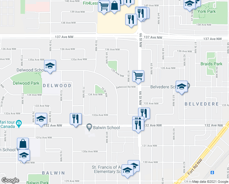 map of restaurants, bars, coffee shops, grocery stores, and more near 13324 68 Street Northwest in Edmonton