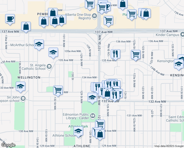 map of restaurants, bars, coffee shops, grocery stores, and more near 13407 128 Street Northwest in Edmonton