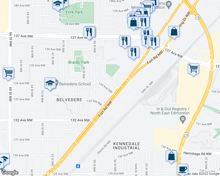 map of restaurants, bars, coffee shops, grocery stores, and more near 5516 134 Avenue Northwest in Edmonton