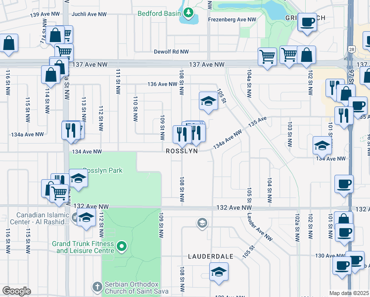 map of restaurants, bars, coffee shops, grocery stores, and more near 10734 134 Avenue Northwest in Edmonton