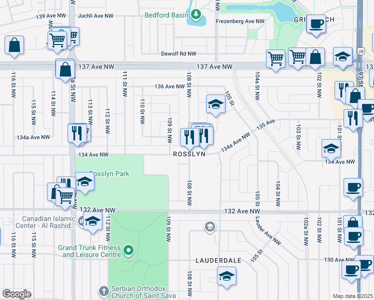 map of restaurants, bars, coffee shops, grocery stores, and more near 10734 134 Avenue Northwest in Edmonton