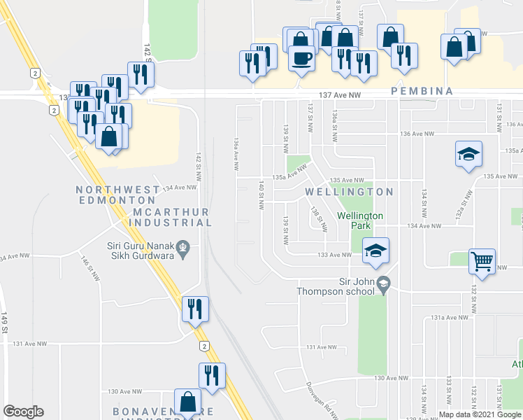 map of restaurants, bars, coffee shops, grocery stores, and more near 13460 140 Street Northwest in Edmonton