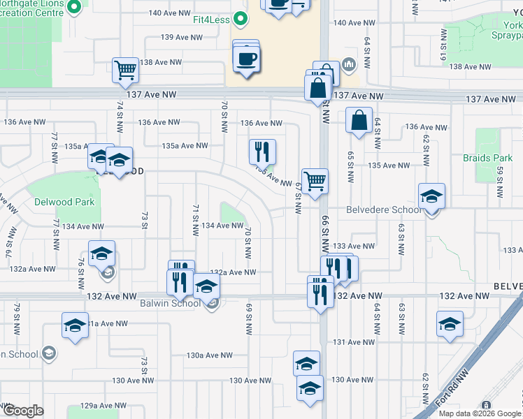 map of restaurants, bars, coffee shops, grocery stores, and more near 13324 68 Street Northwest in Edmonton