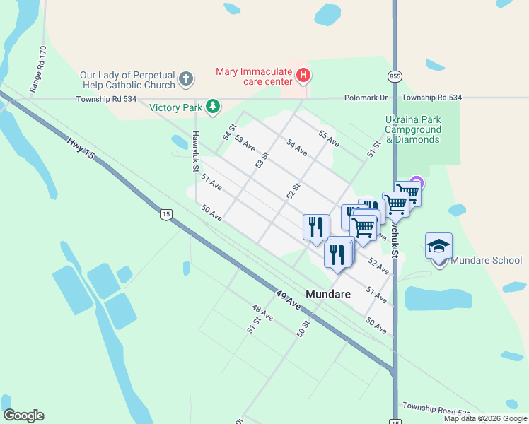 map of restaurants, bars, coffee shops, grocery stores, and more near 5203 51 Avenue in Mundare