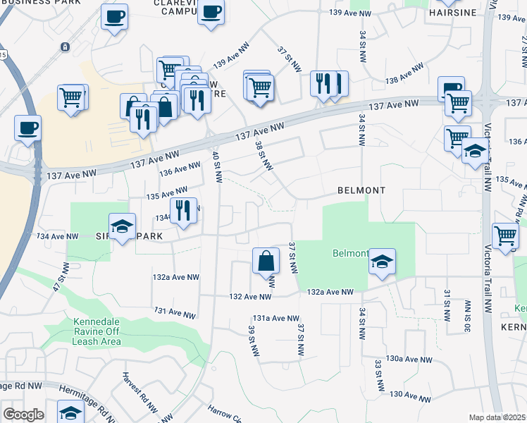 map of restaurants, bars, coffee shops, grocery stores, and more near 3817 134 Avenue Northwest in Edmonton