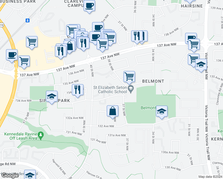 map of restaurants, bars, coffee shops, grocery stores, and more near 3817 134 Avenue Northwest in Edmonton