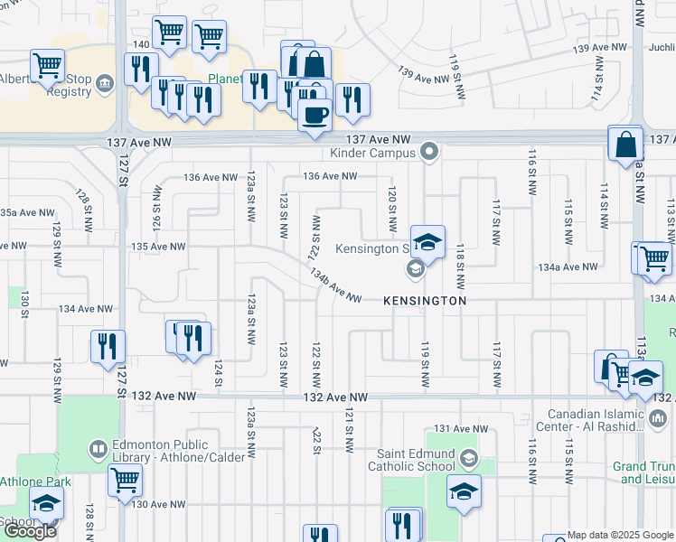 map of restaurants, bars, coffee shops, grocery stores, and more near 12130 134B Avenue Northwest in Edmonton
