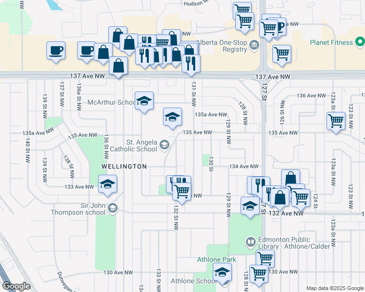 map of restaurants, bars, coffee shops, grocery stores, and more near 13431 132 Street Northwest in Edmonton