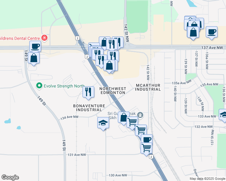 map of restaurants, bars, coffee shops, grocery stores, and more near 13461 Saint Albert Trail Northwest in Edmonton