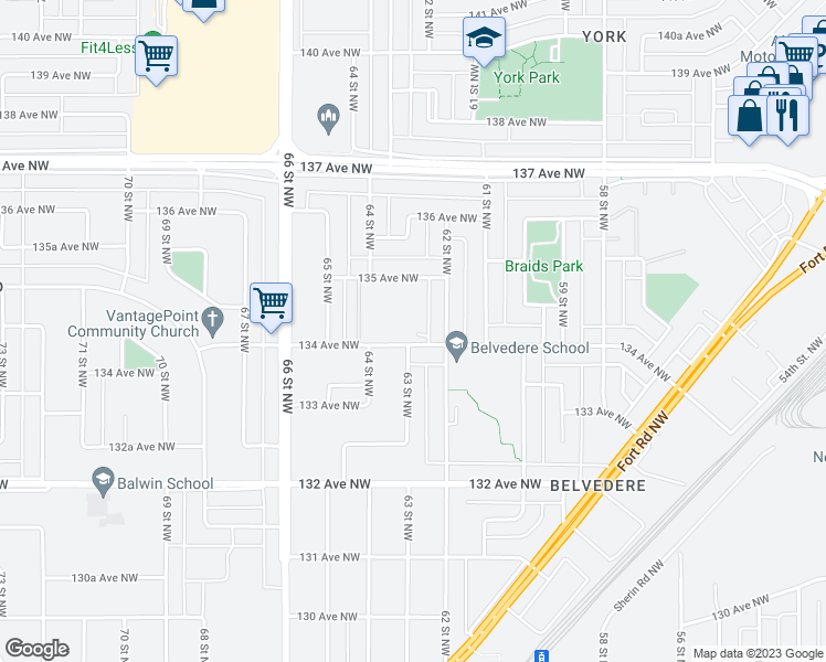 map of restaurants, bars, coffee shops, grocery stores, and more near 13428 62 Street Northwest in Edmonton
