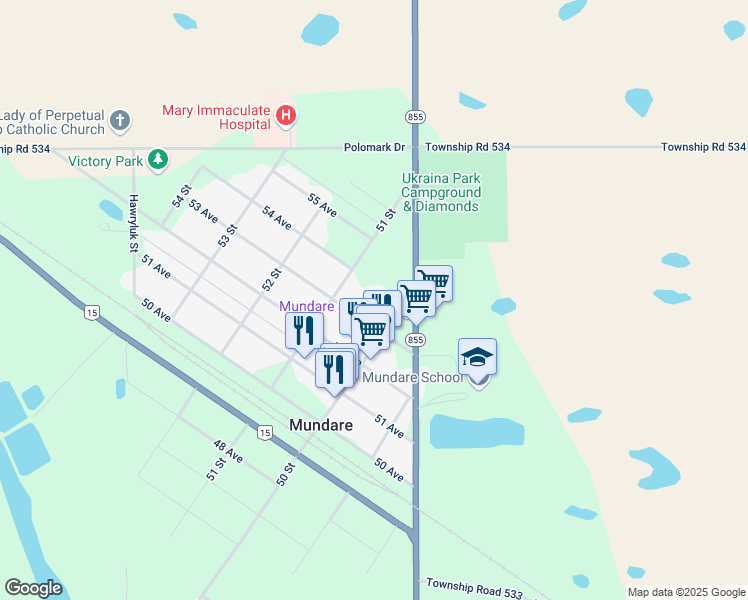 map of restaurants, bars, coffee shops, grocery stores, and more near 5024 53 Avenue in Mundare