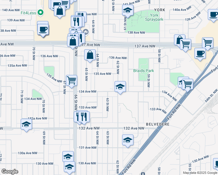 map of restaurants, bars, coffee shops, grocery stores, and more near 6220 134 Avenue Northwest in Edmonton