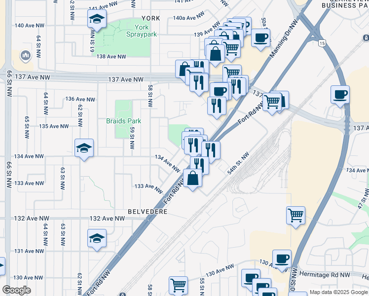 map of restaurants, bars, coffee shops, grocery stores, and more near 5606 134A Avenue Northwest in Edmonton