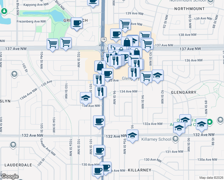 map of restaurants, bars, coffee shops, grocery stores, and more near 13404 96 Street Northwest in Edmonton