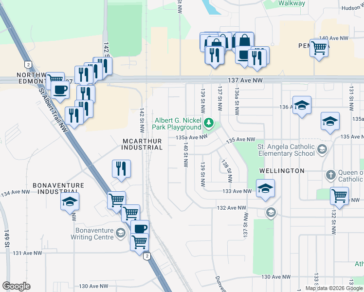 map of restaurants, bars, coffee shops, grocery stores, and more near 14001 135A Avenue Northwest in Edmonton