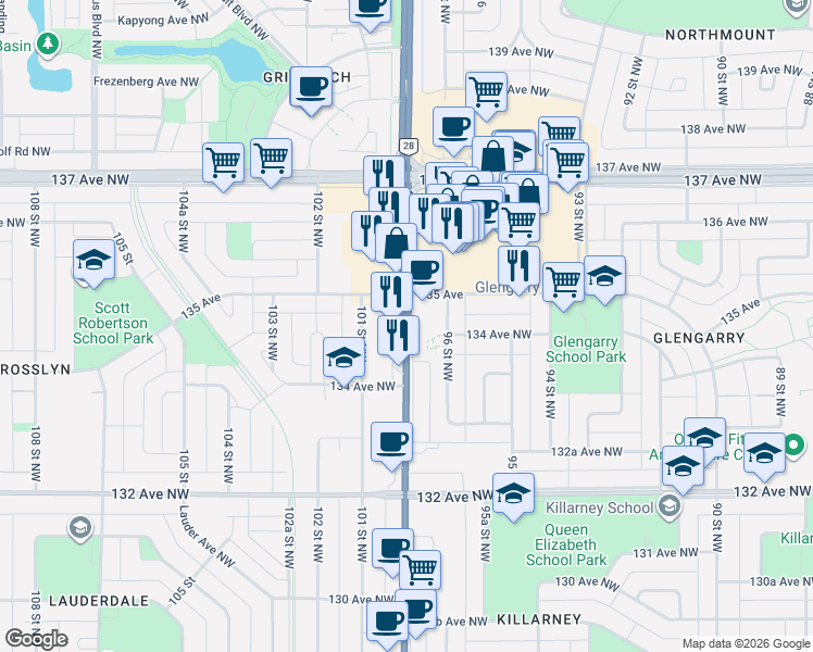 map of restaurants, bars, coffee shops, grocery stores, and more near 97 Street Northwest in Edmonton