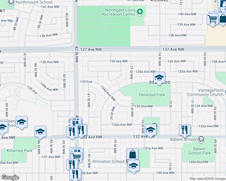 map of restaurants, bars, coffee shops, grocery stores, and more near in Edmonton