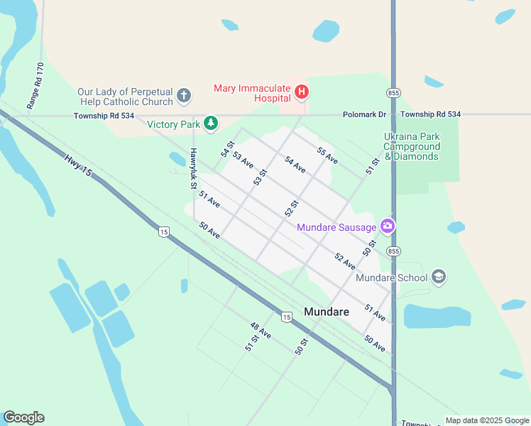 map of restaurants, bars, coffee shops, grocery stores, and more near 5220 52 Avenue in Mundare