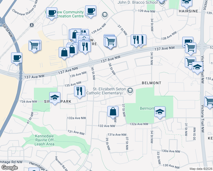 map of restaurants, bars, coffee shops, grocery stores, and more near 3820 134 Avenue Northwest in Edmonton