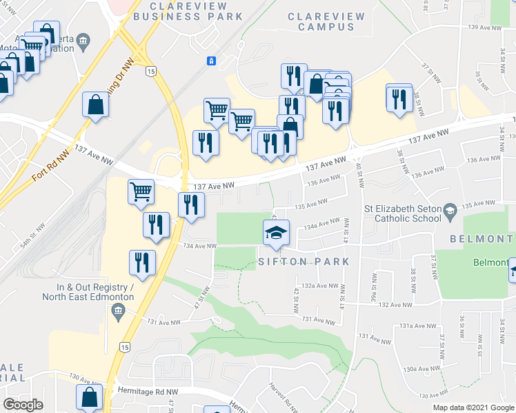 map of restaurants, bars, coffee shops, grocery stores, and more near 4515 137 Avenue NorthWest in Edmonton