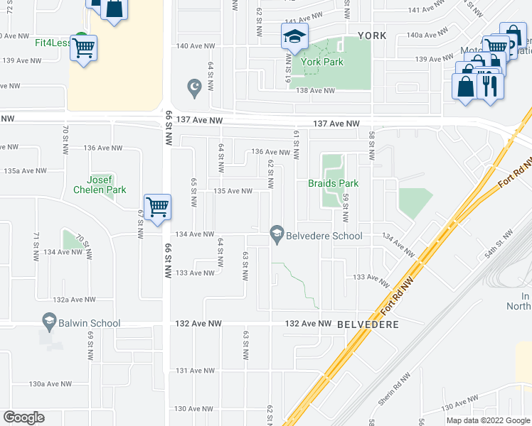 map of restaurants, bars, coffee shops, grocery stores, and more near 13428 62 Street Northwest in Edmonton