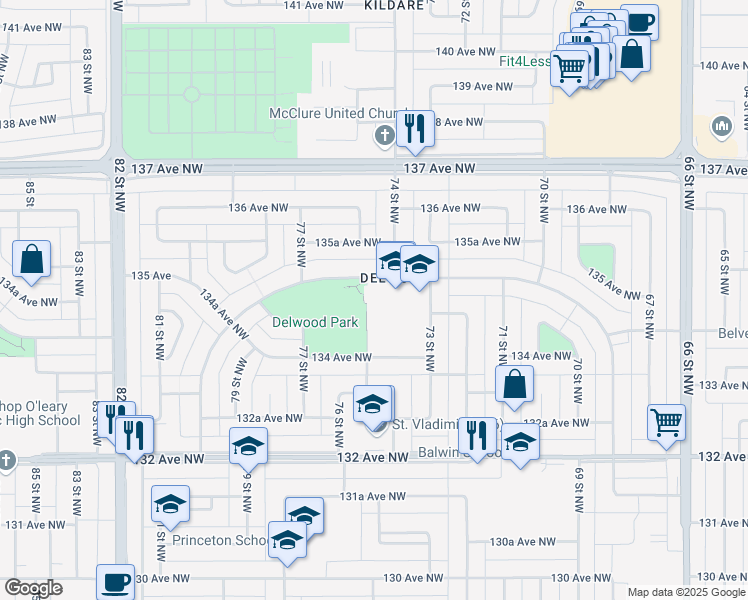 map of restaurants, bars, coffee shops, grocery stores, and more near 7515 Delwood Park Pathway in Edmonton