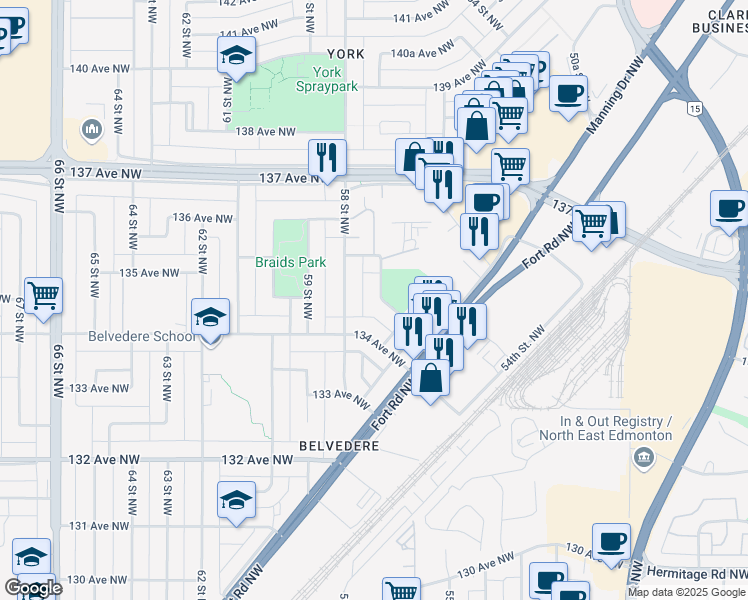 map of restaurants, bars, coffee shops, grocery stores, and more near 13404 57 Street Northwest in Edmonton