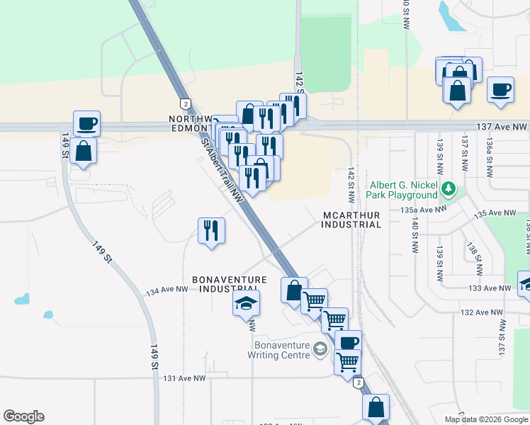 map of restaurants, bars, coffee shops, grocery stores, and more near 13458 143 Street Northwest in Edmonton
