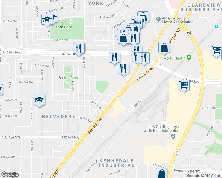 map of restaurants, bars, coffee shops, grocery stores, and more near 13452 Fort Road Northwest in Edmonton