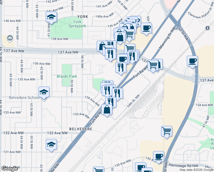 map of restaurants, bars, coffee shops, grocery stores, and more near 13452 Fort Road Northwest in Edmonton